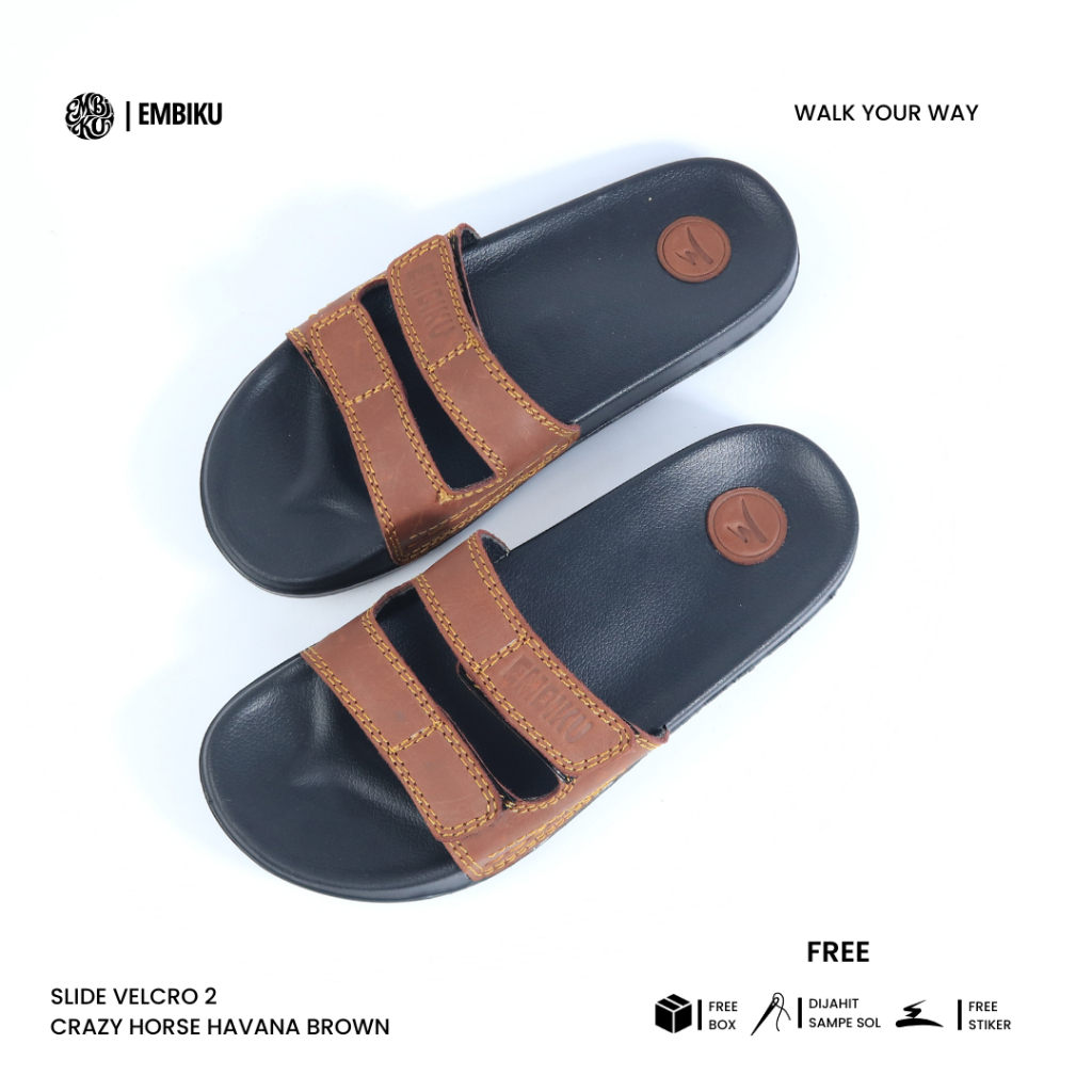 Bicunouis - Velcro 2 Havana Brown |    Sandal Slip On Kulit Pria | Slippers Pria | Sandal Slop Velcr