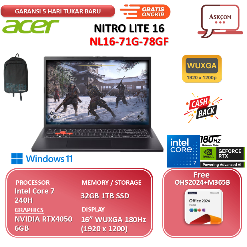 Acer Nitro Lite 16 NL16-71G-78GF Intel Core 7 240H RTX4050 6GB 32GB 1TB SSD 16.0WUXGA 180Hz 100SRGB