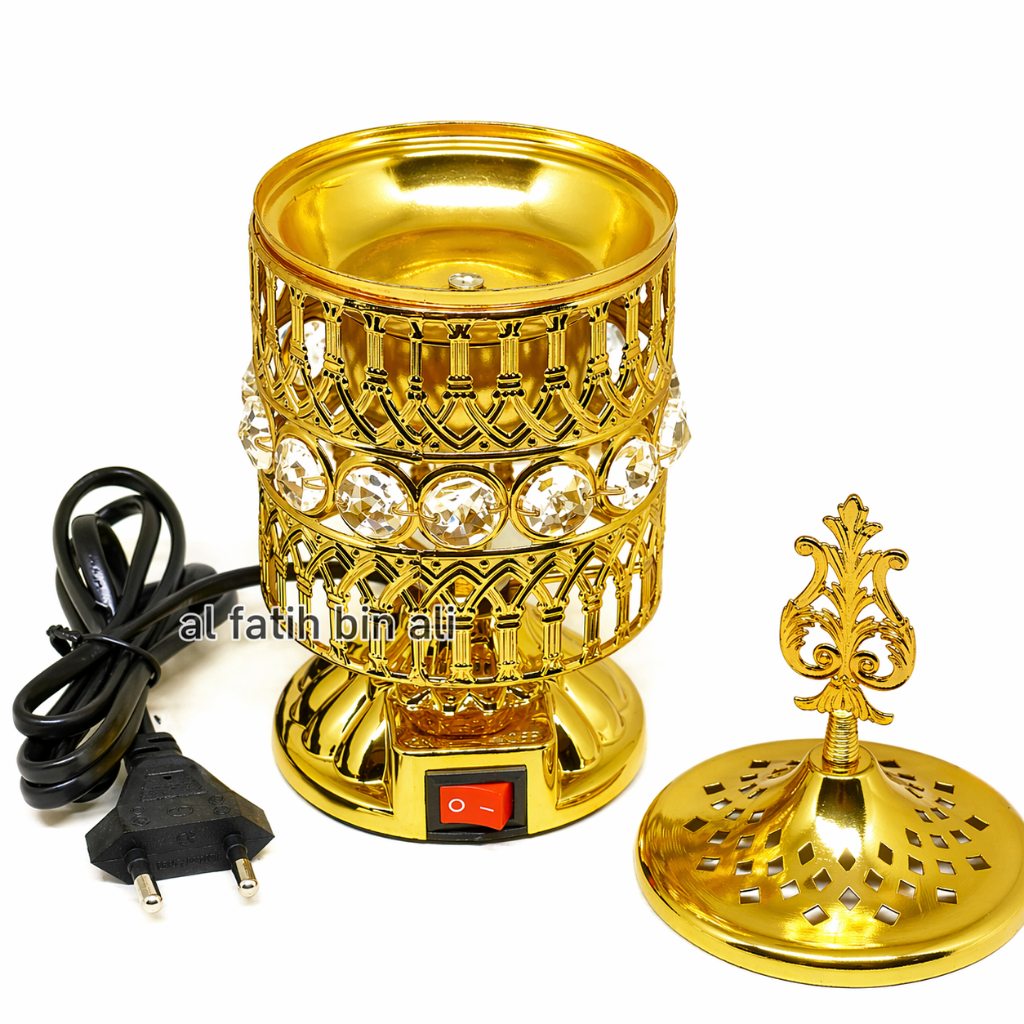Tungku Bakar Dupa Elektrik Mabkhara Arab Gold 21cm + Free Bukhur | Alat Bakar Buhur Premium