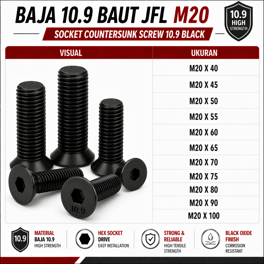 Baja 10.9 Baut JFL M20X70 / Baut Verseng L 20X70 / Countersunk L M20 X 70 / 20 X 70  - Socket Counte