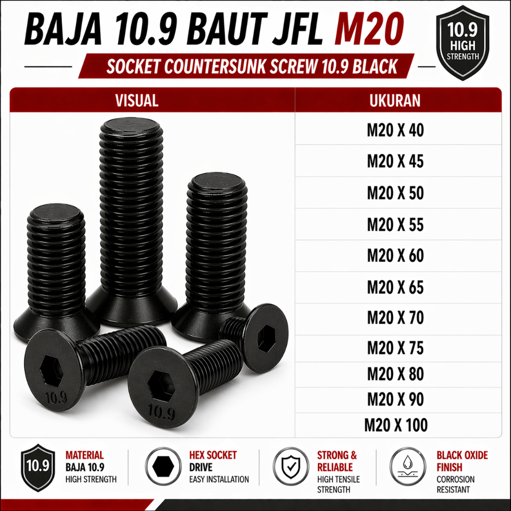 Baja 10.9 Baut JFL M20X70 / Baut Verseng L 20X70 / Countersunk L M20 X 70 / 20 X 70  - Socket Counte