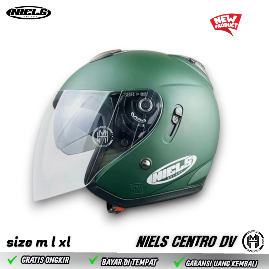 HELM HALF FACE DOUBLE VISOR|MODEL INK CENTRO|MERK niels|HIJAU ARMY