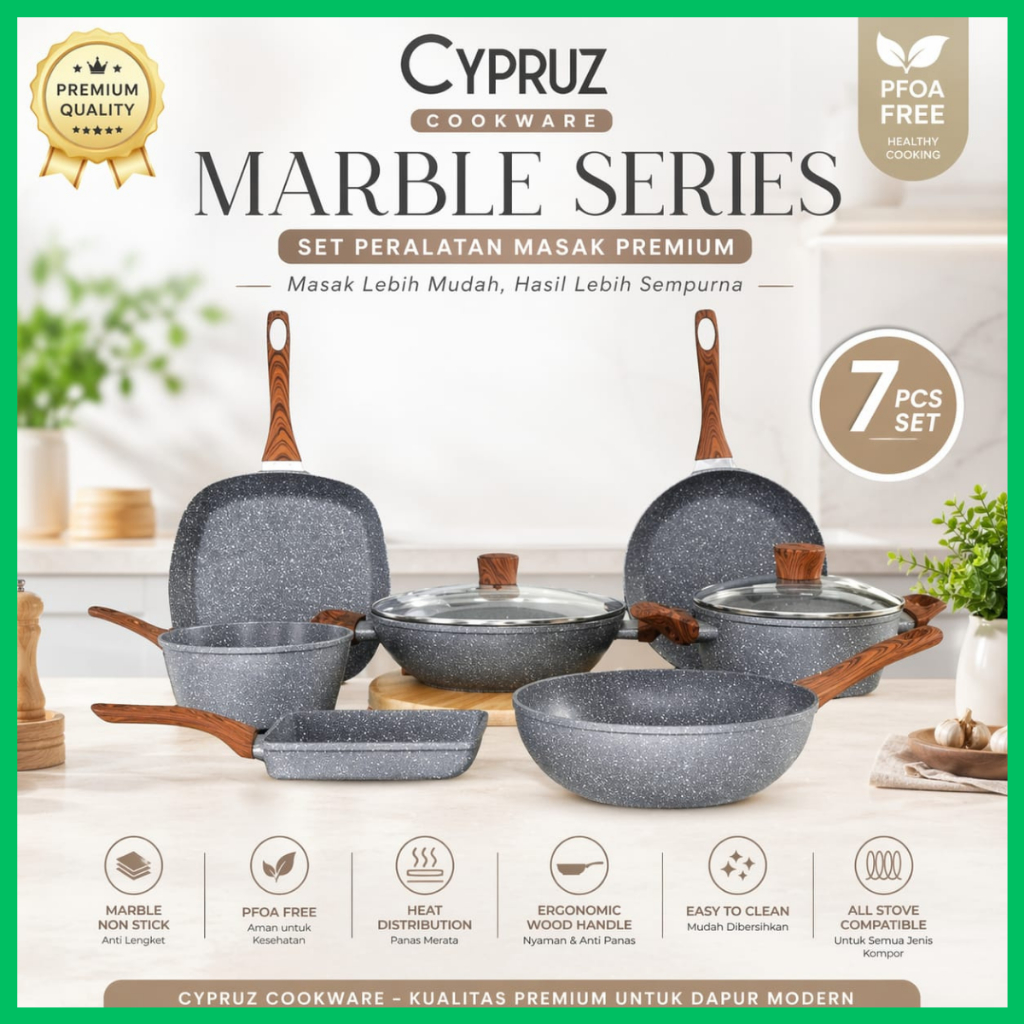 Cypruz Cookware marble panci set lengkap anti lengket 7 pcs marble