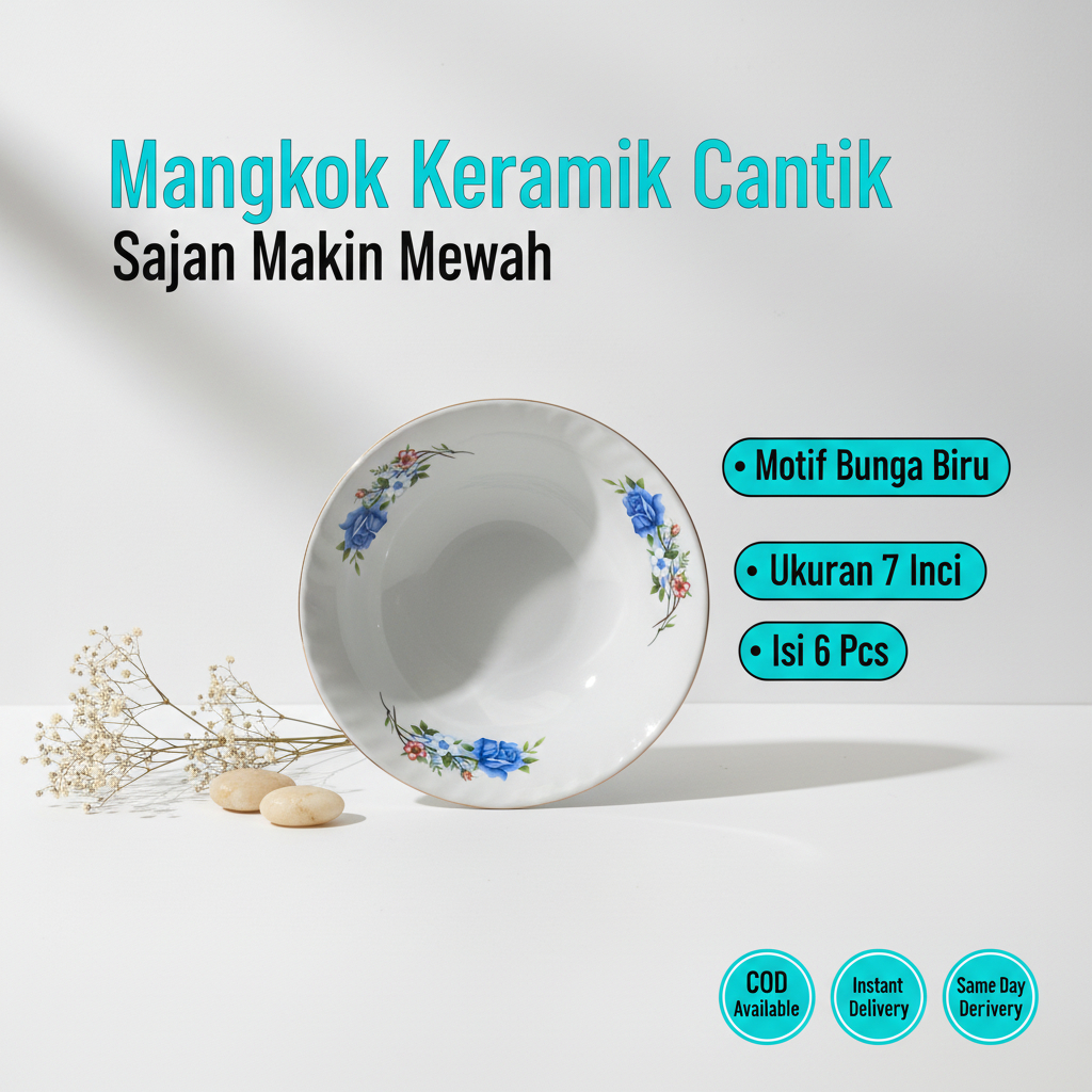 Mangkok Keramik Kembang Biru 7” Mangkok Bunga Biru Merah Lusinan