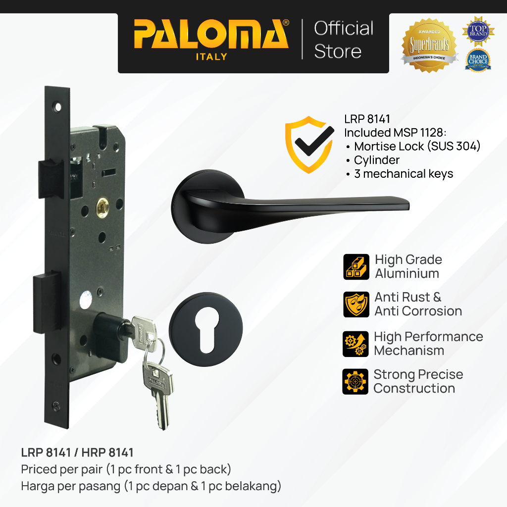 PALOMA Gagang Pintu Door Handle Pintu Roses Lever Engkol Pisah Misah Paket Kunci Pintu Lockset Lock 