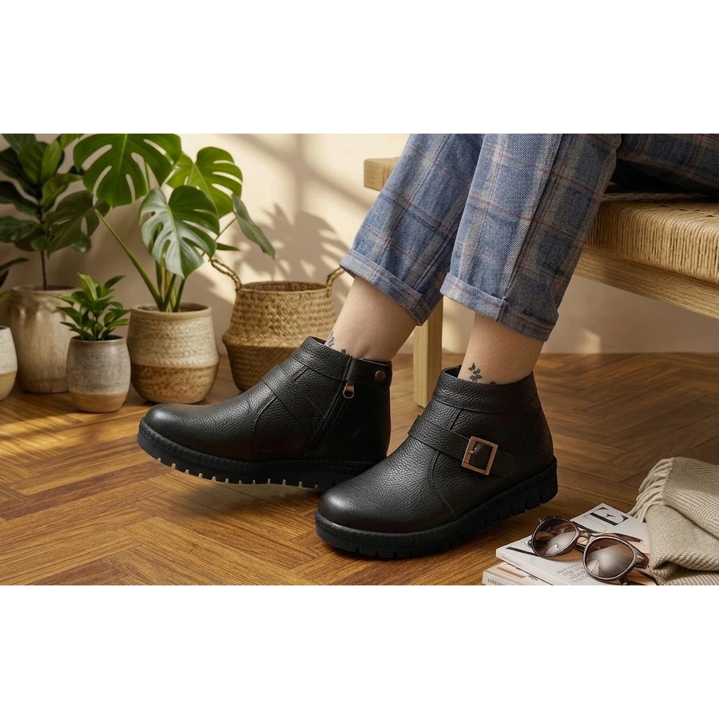 Cuero Nuha Boot Wanita Kulit Sapi Asli 100% Sepatu Boot Flat Premium Nyaman Anti Licin