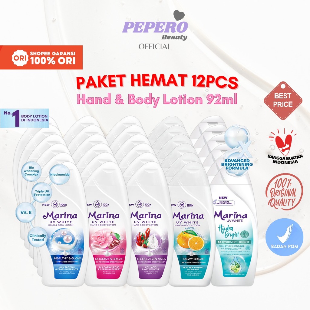 [PAKET 12PCS] MARINA Hand Body Lotion UV White 92ml - Nourish & Bright / Healthy & Glow / Dewy Brigh