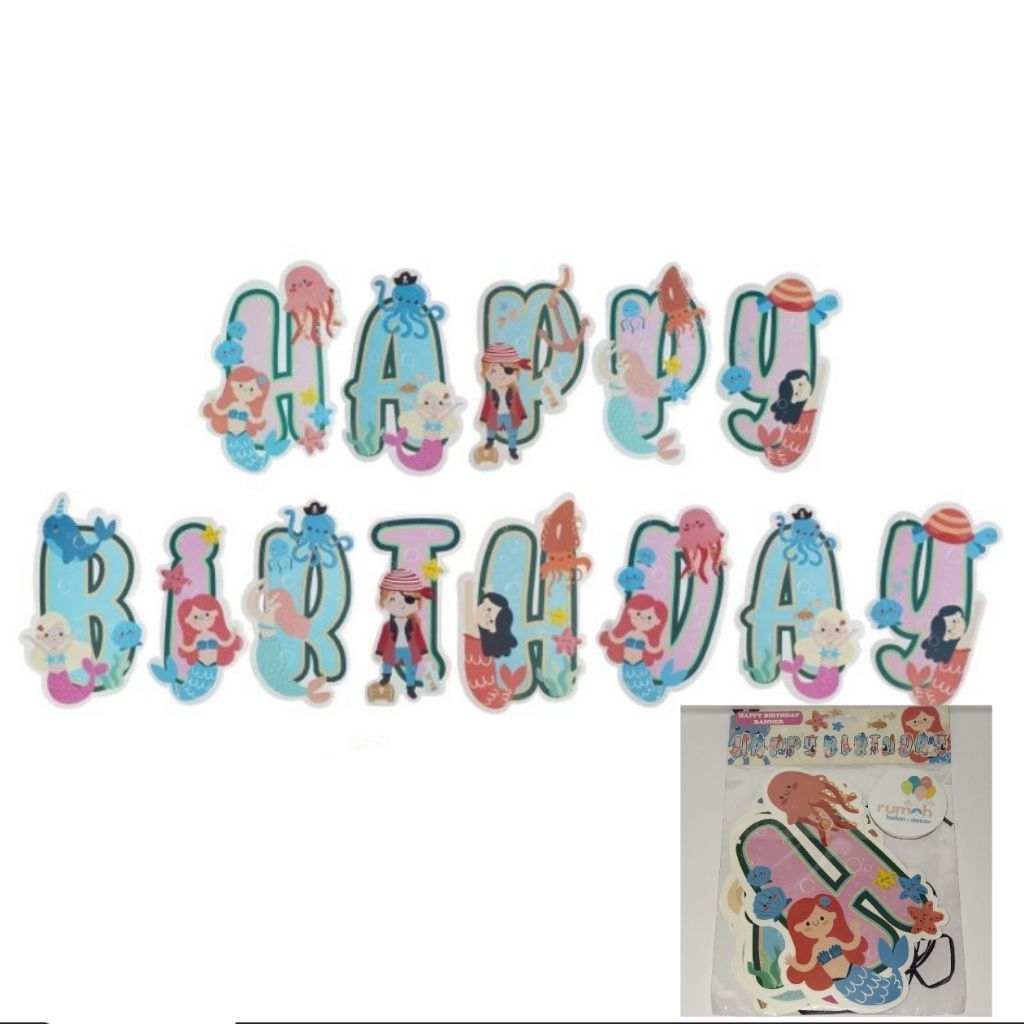 BANNER HAPPY BIRTHDAY KARAKTER MERMAID / BANNER ULANG TAHUN KARAKTER MERMAID / BUNTING HAPPY BIRTHDA