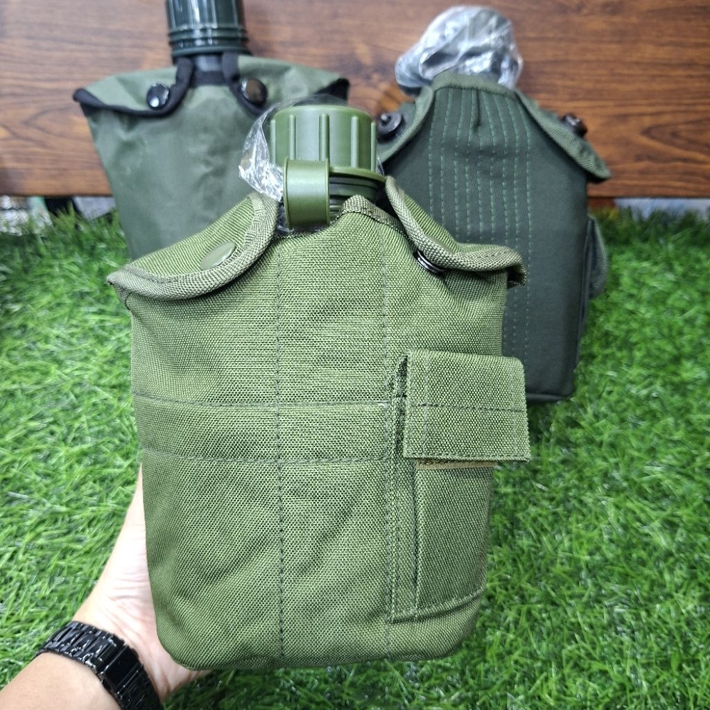 Veples Botol Air TNI Asli TNI AD AU AL Army 1 Liter + Cangkir Alumunium + Sarung Hijau  Militer  Ter