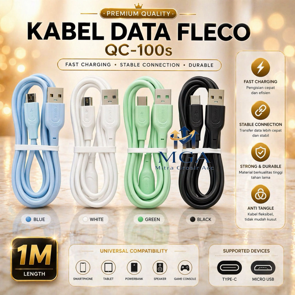 MS - Kabel Data QC-100s Fleco Original 3A 30w Universal For Smartphone Android Micro / Type C Kabel 