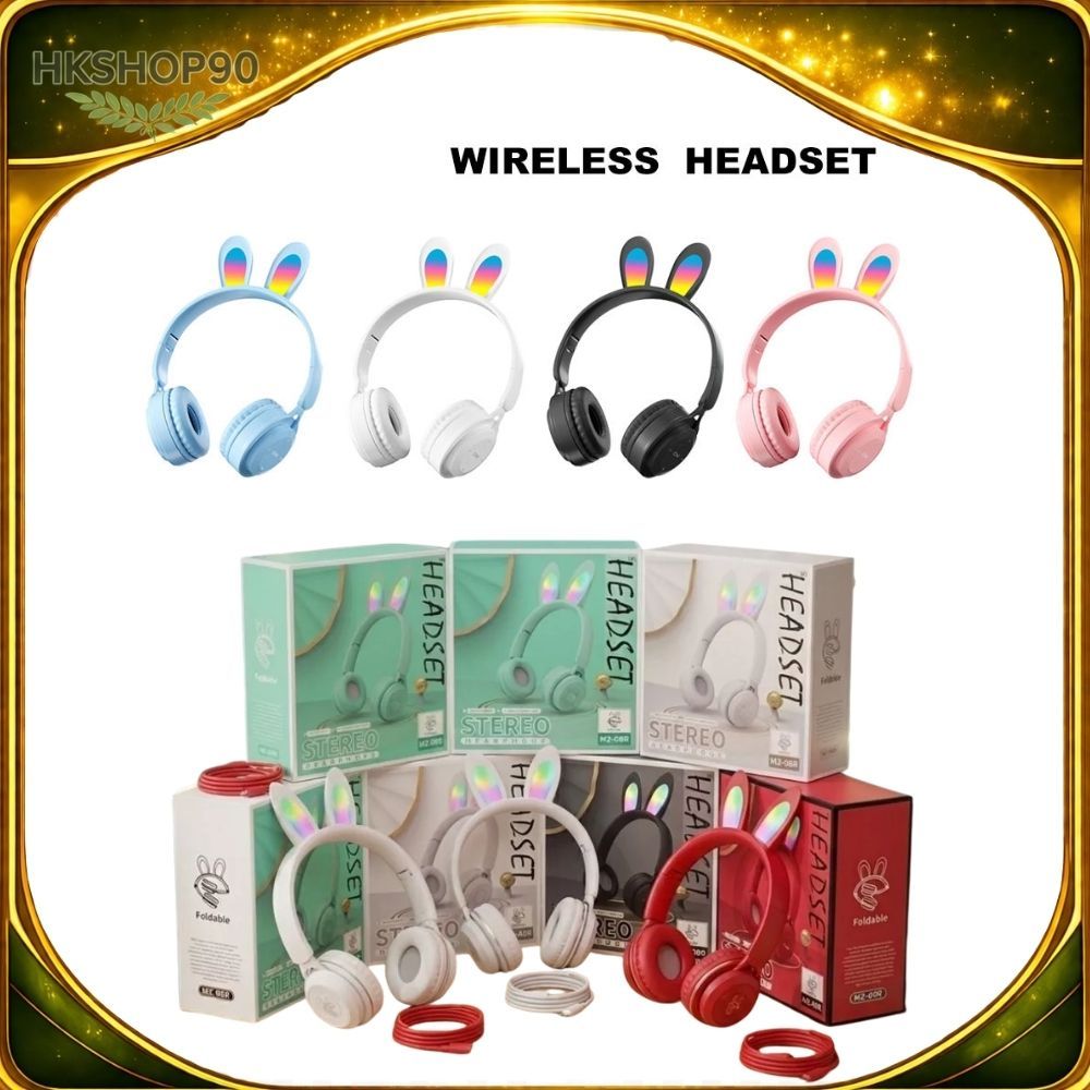 Headphone Wireless Telinga Kelinci Bluetooth V5.3 Headset Full Bass Stereo LED RGB Rabbit Ear Stereo
