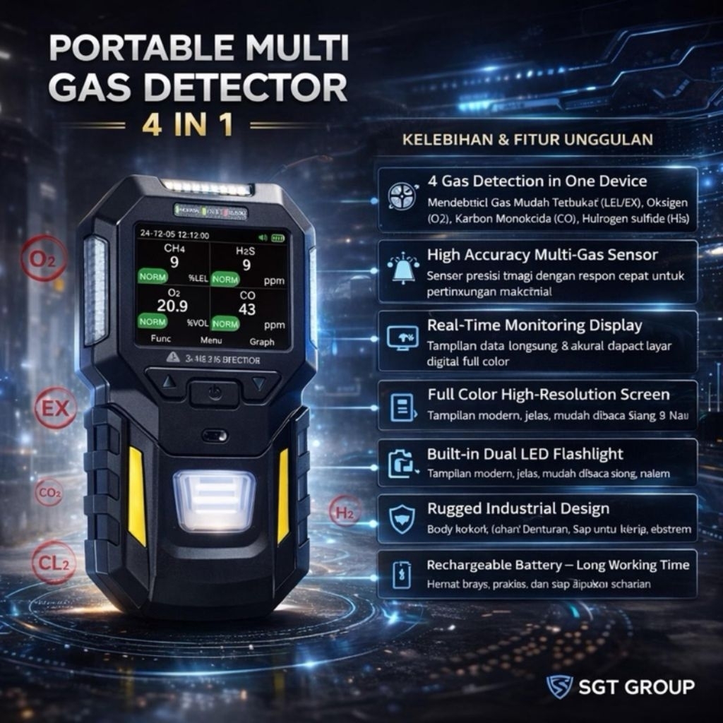 Portable Multi Gas 4in1 Gas Detector Bosean BT-BX402 Multi 4 Alarm Mode (LEL O2 CO H2S)