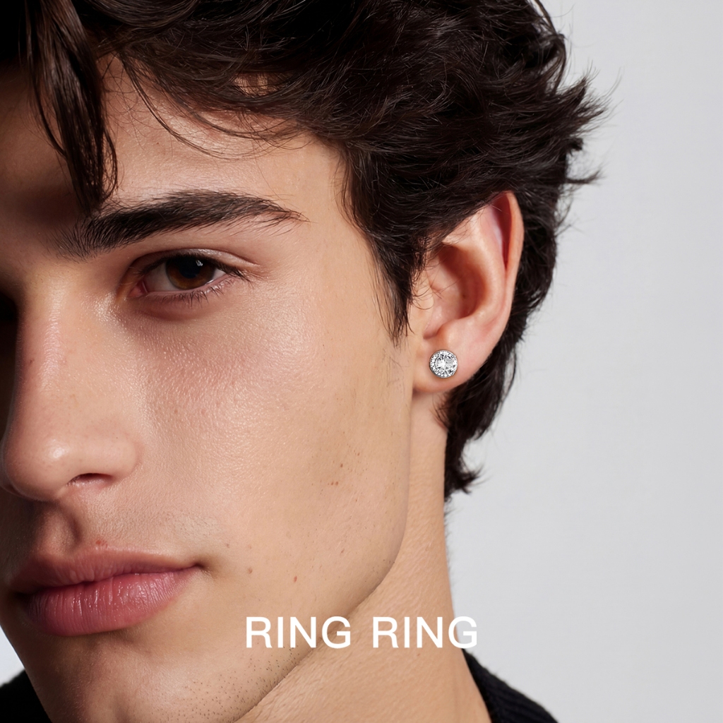 Anting Anting Titanium Permata Bulat Berlian Putih Hitam Emas Pria Anti Karat Keren