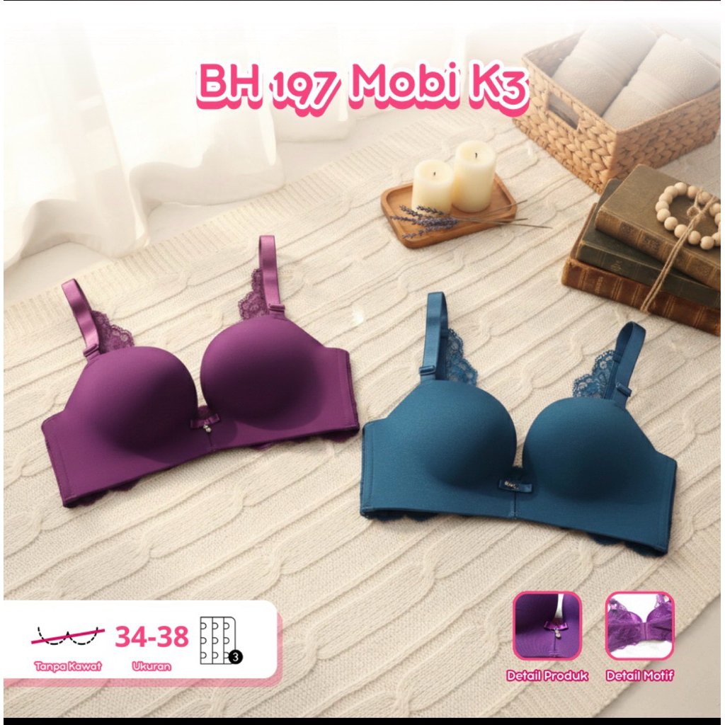 BH 197 Mobi K3 Bra Wanita Tanpa Kawat  Nyaman Harian Cup 34-38 Adjustable Strap