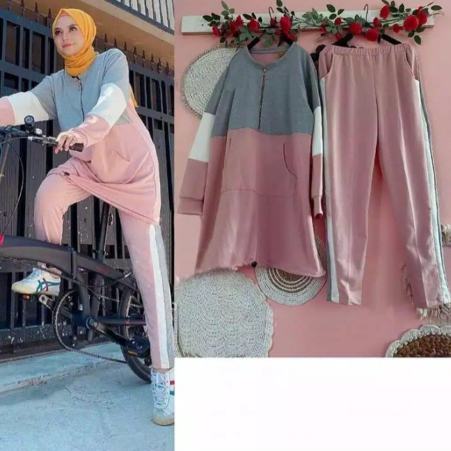 Setelan Olahraga Muslimah Jumbo LD 120 cm Baju Senam Wanita Muslim Atasan Celana Training
