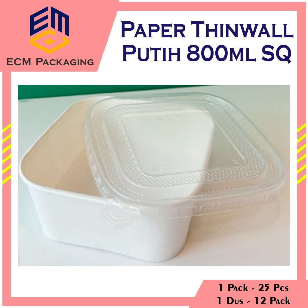 25pcs Paper Bowl Square 800ml + Tutup PUTIH | Paper Thinwall Laminasi Food Container Kertas Kotak Ma