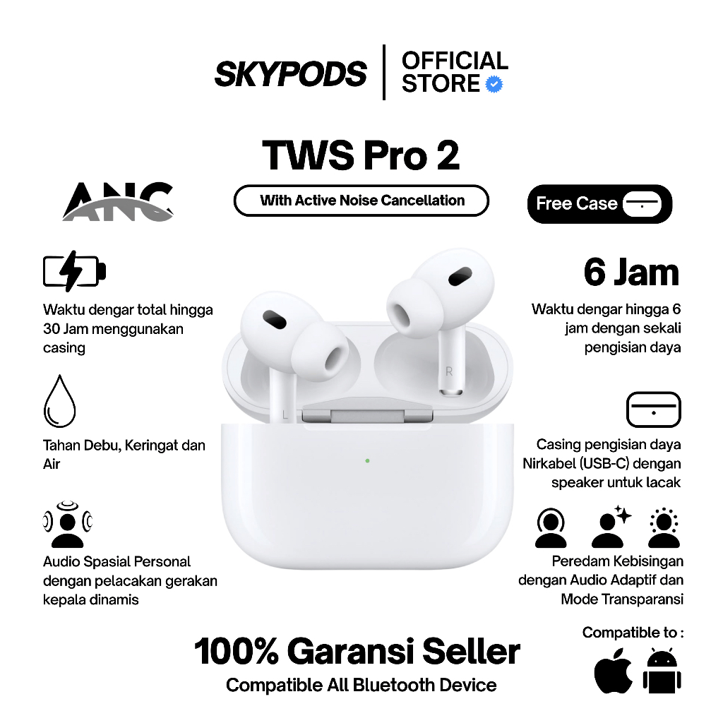 SkyPods PRO 2 ANC Wireless Bluetooth Earphone TWS Mini Earbuds Headphone With Pop Up Animation by Sk