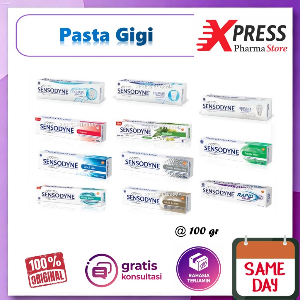 XPRESS  Sensodyne 100 g Pasta Gigi Sensitif Plak Rapid Relief Herbal Repair Protect Fresh Mint Cool 