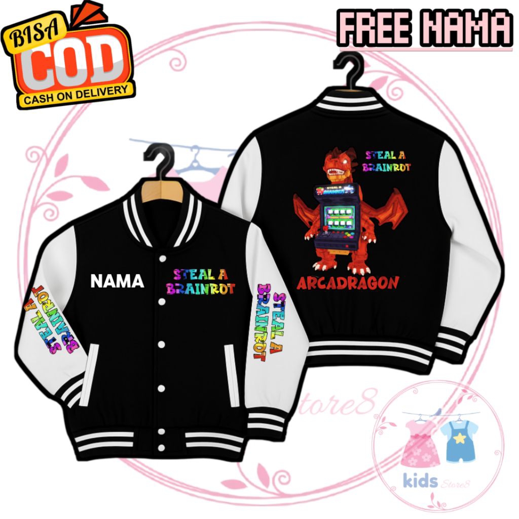 (FREE NAMA) Jacket Varsity Anak BRAINROT Arcadragon ROBLOX Steal A Brainrot Jacket Varsity Baseball 