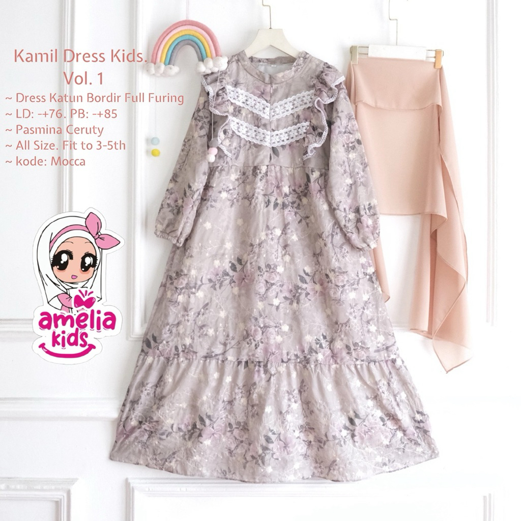 Kamil Dress Kids Vol 1 Anak 3–5 Tahun | Dress Katun Bordir Full Furing + Pashmina | Baju Muslim Anak