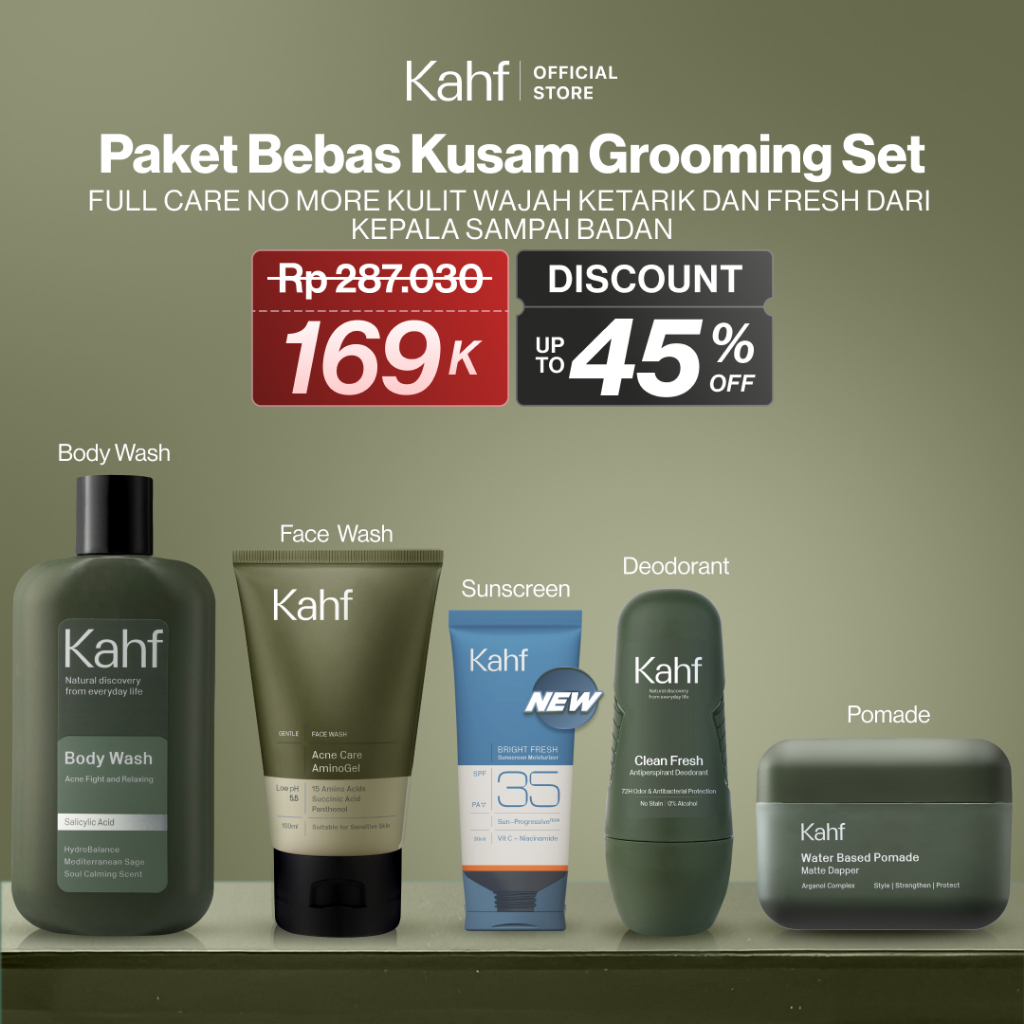 [KAHF BUNDLE 5IN1 PAKET BEBAS KUSAM] Paket Grooming (Pomade/Hair Powder + Face Wash + Sunscreen Mois