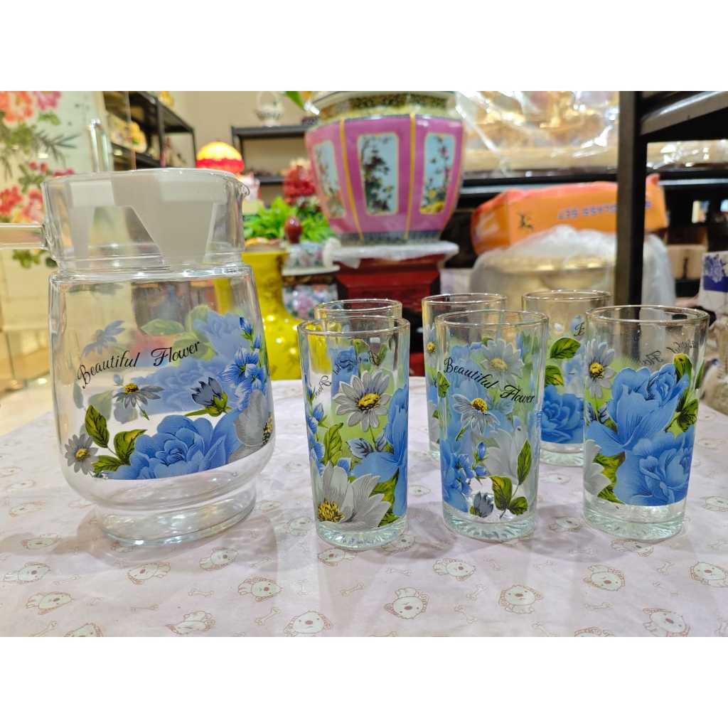 Set Pitcher & Gelas Kaca Motif Bunga Biru “Beautiful Flower” – 7 Pcs (6 Gelas + 1 Pitcher)