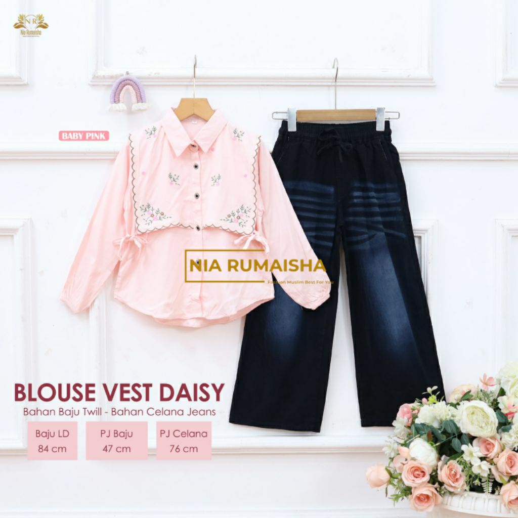 One set anak remaja perempuan blouse vest daisy setelan celana kulot jeans