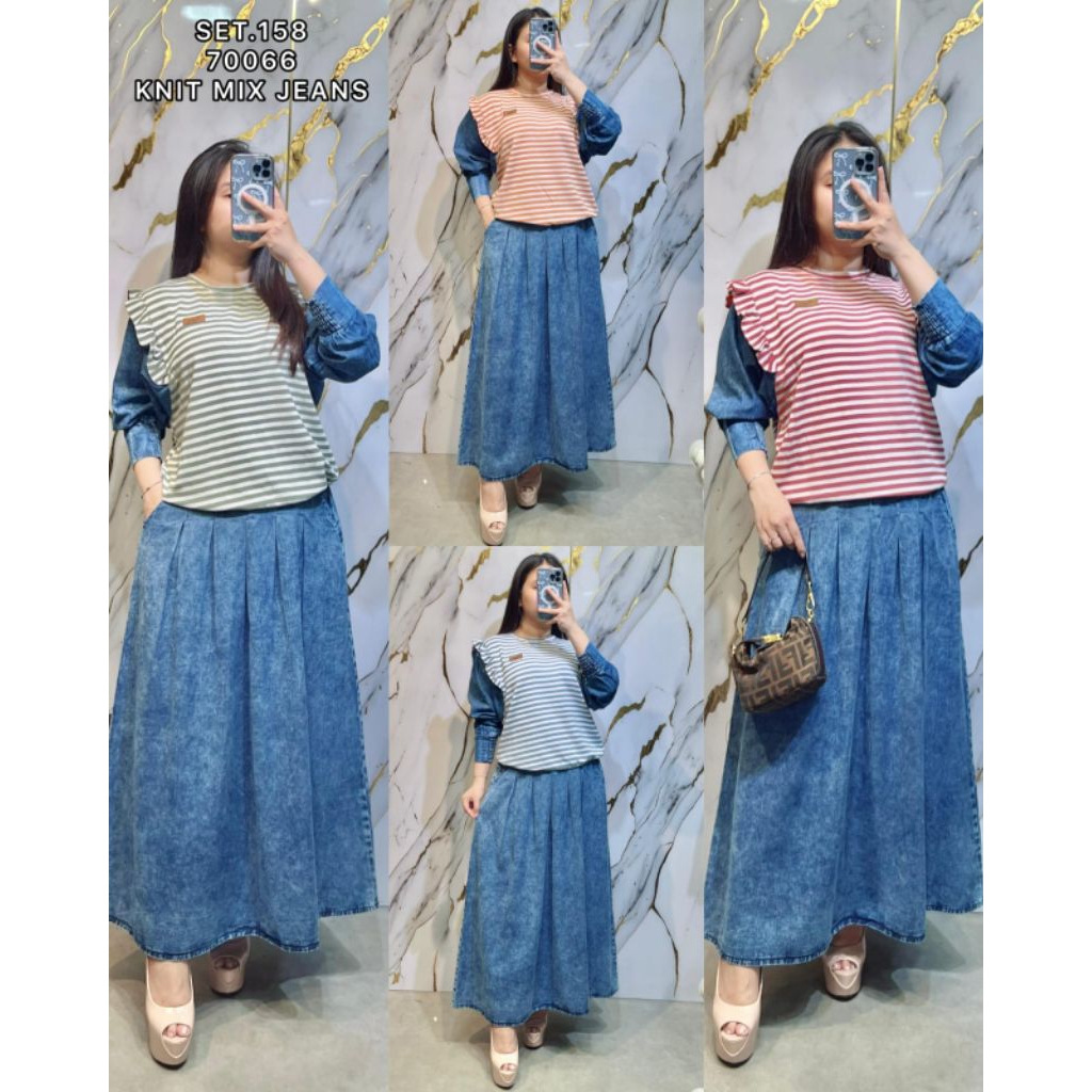 Setelan  Rok jeans Wanita Kekinian Ld 110cm One Set wanita Terbaru