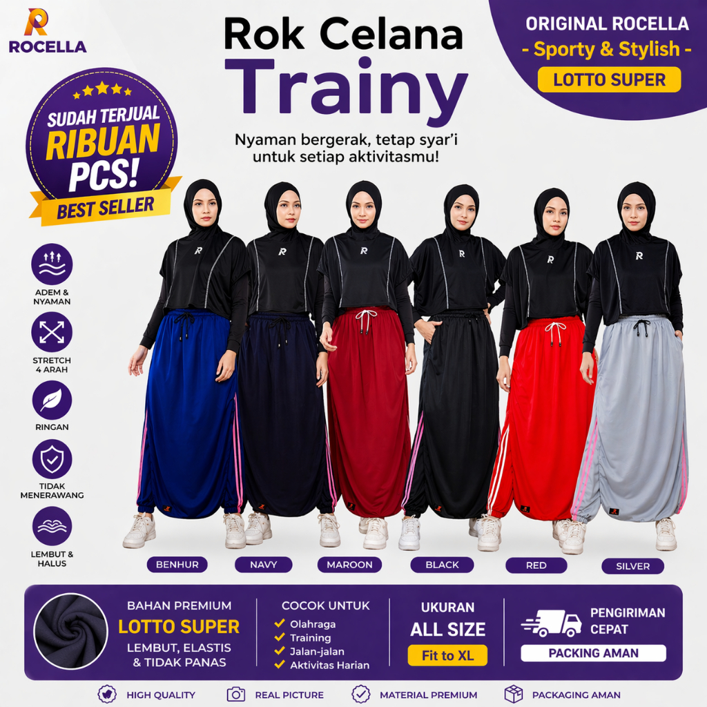 ROCELLA TRAINY Rok Celana Training Muslimah Syari Jumbo XXL 3XL 4XL 5XL | Grosir Rok Celana Olahraga