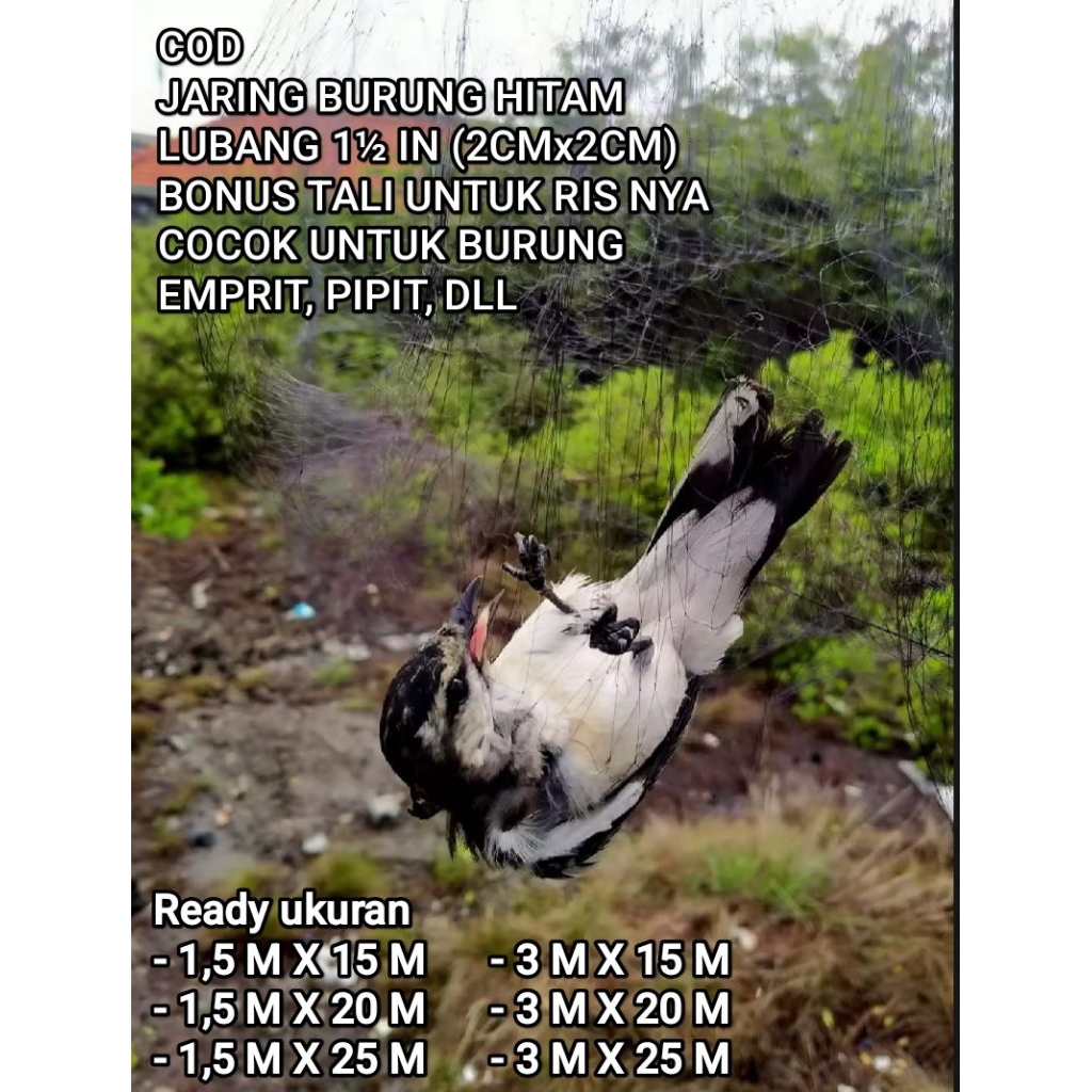 jaring burung hitam warna hitam lubang 1½ inci ukuran pilih di variasi bonus tali ris cocok untuk bu