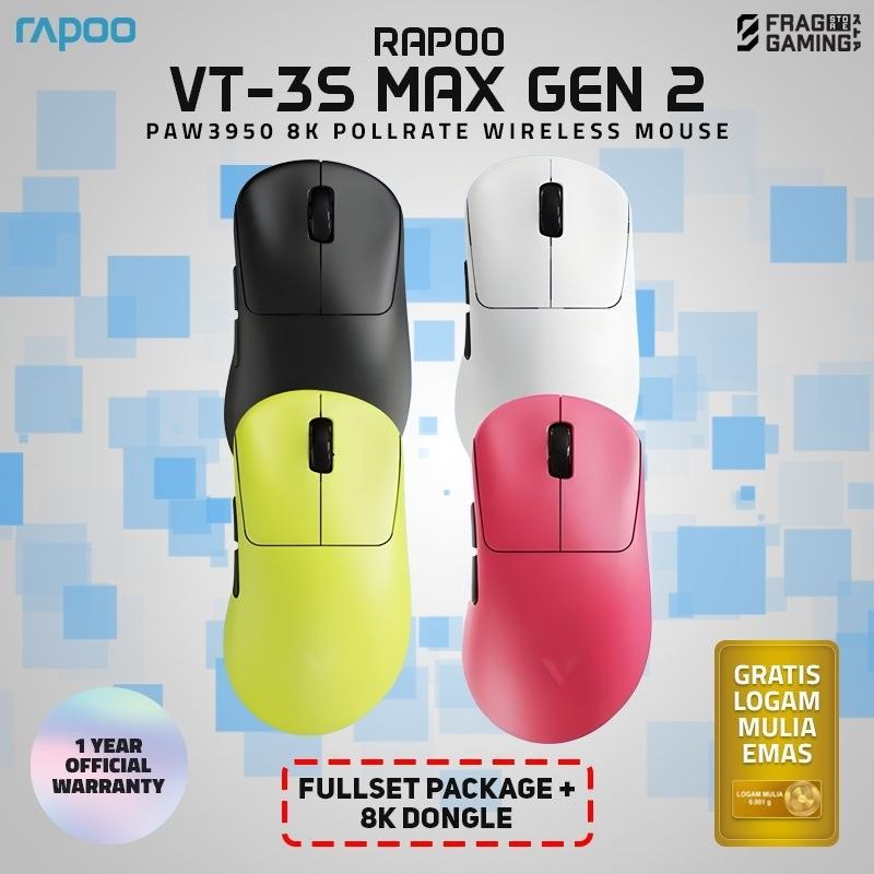 Rapoo VT3S/VT-3S/VT3 S MAX Wireless Mouse Gaming 8K Polling Rate Paw3950 Lightweight