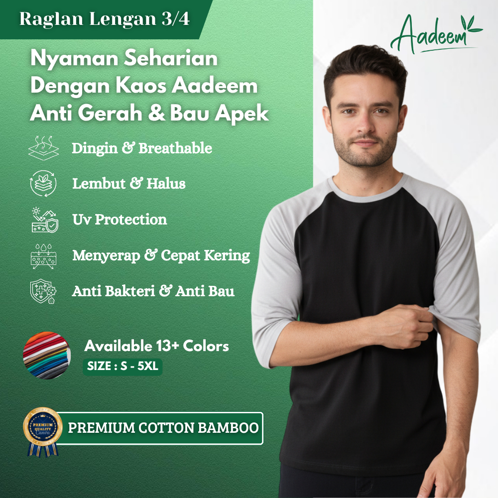 Aadeem Kaos Raglan Lengan 3/4 Atasan Dewasa Bahan Katun Bambu Aadeem Premium Original Cotton Bamboo