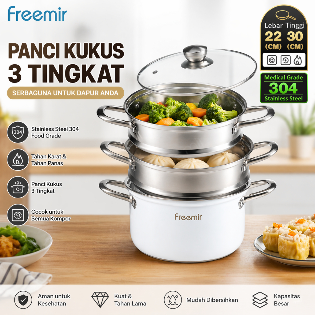 Special freemir Panci Kukus Tingkat 22/24/26cm Stainless Steel Anti Karat Kukus Rebus Dalam Satu Wak