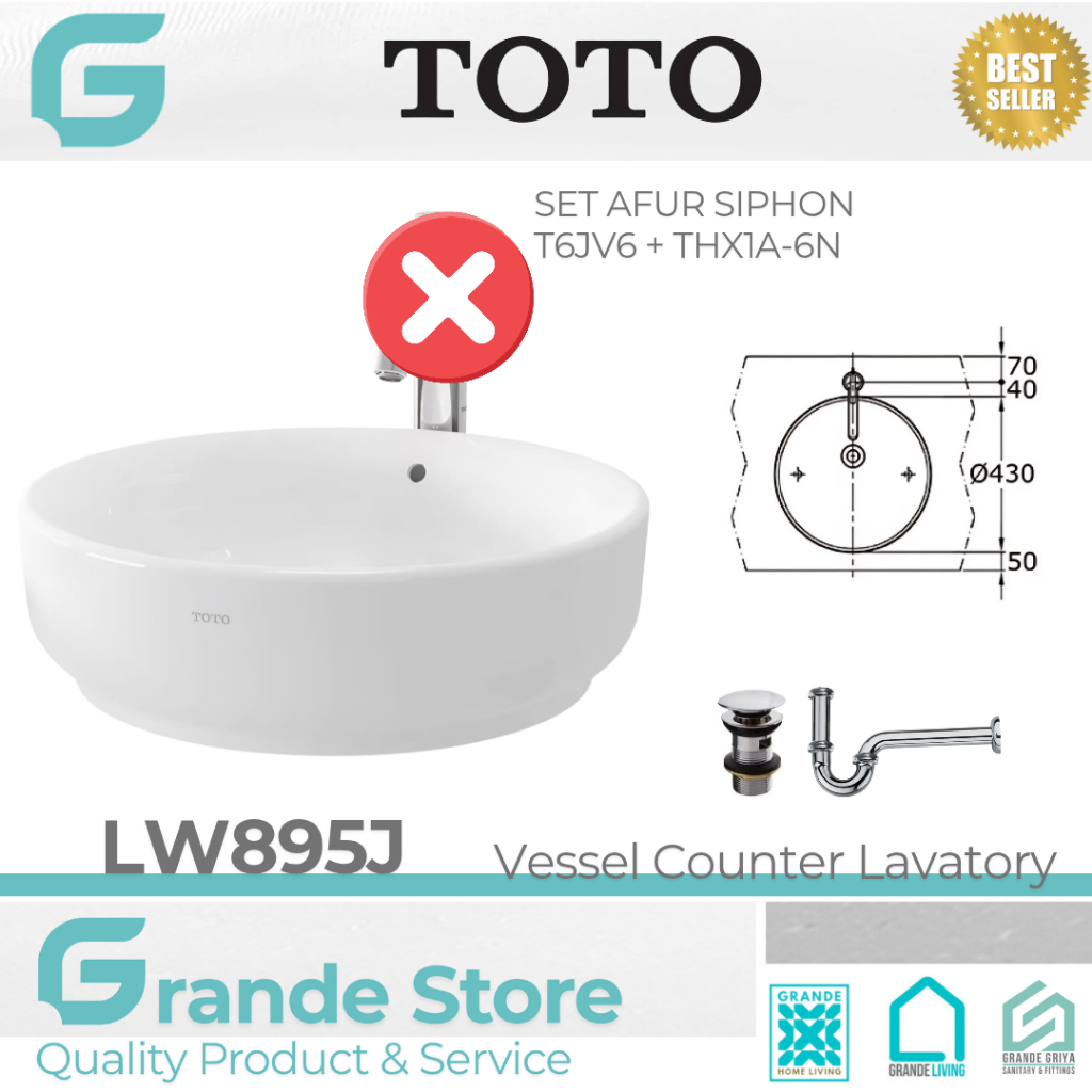 TOTO LW895J Wastafel Keramik Meja Counter Vessel Lavatory Set Afur Siphon