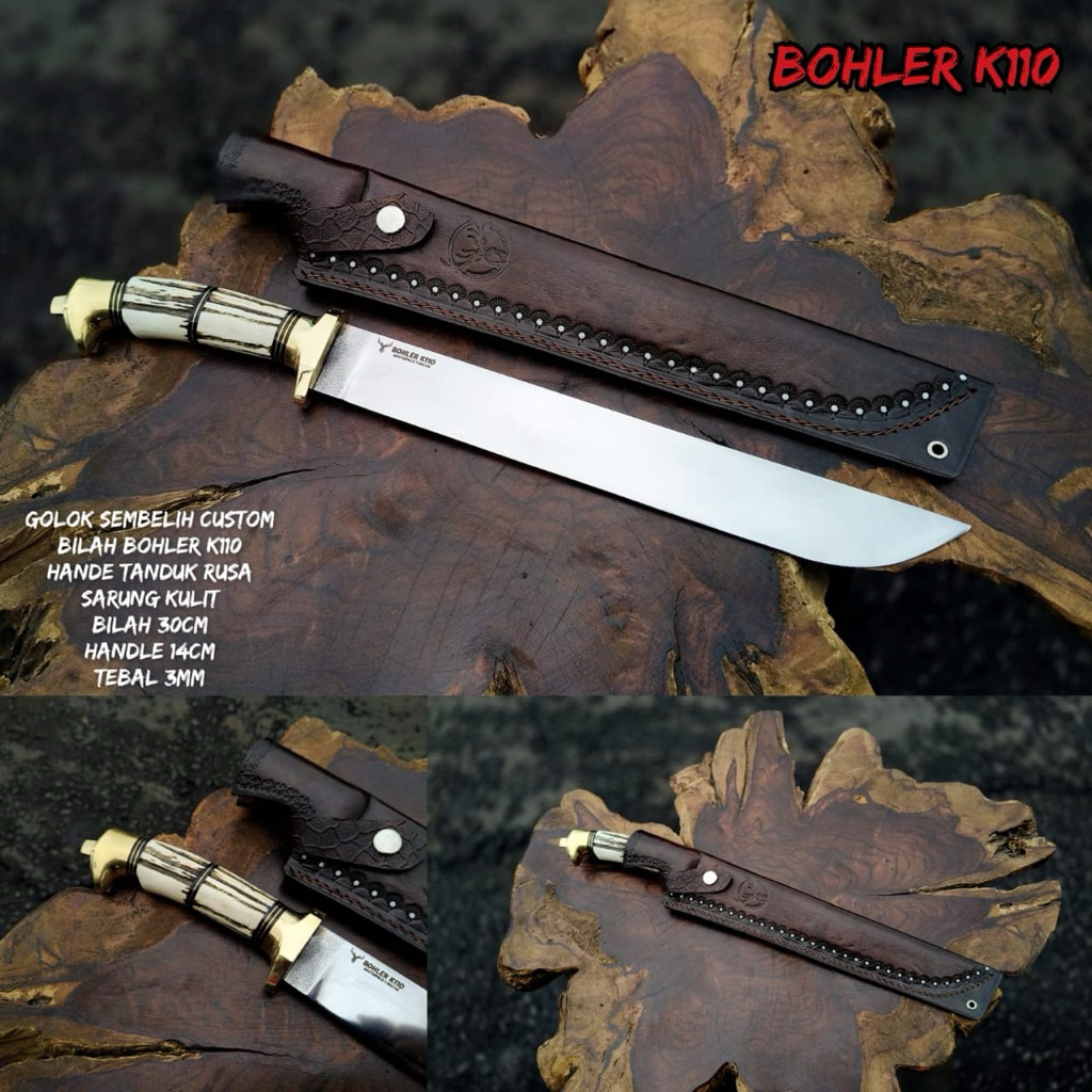 Pisau Sembelih Bohler K110 Panjang 30 cm Sarung kulit sapi asli