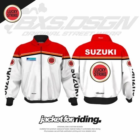 JAKET SUZUKI VINTAGE LUCKY STRIKE JACKET RIDING TOURING SUNMORI BAHAN LOTTO