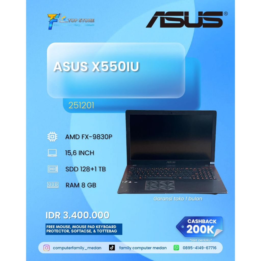LAPTOP ASUS X55IU AMD FX-9830P RADEON R7 RAM 8GB SSD 128GB+HDD-AMD RADEON RX 460 4GB