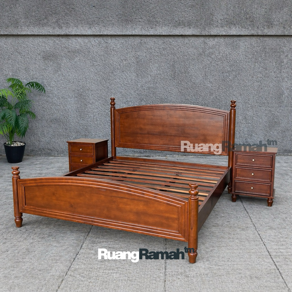Set Tempat Tidur Kayu Jati Minimalis Klasik | Tempat Tidur Jati Solid Jepara Set Klasik Elegan | Ran