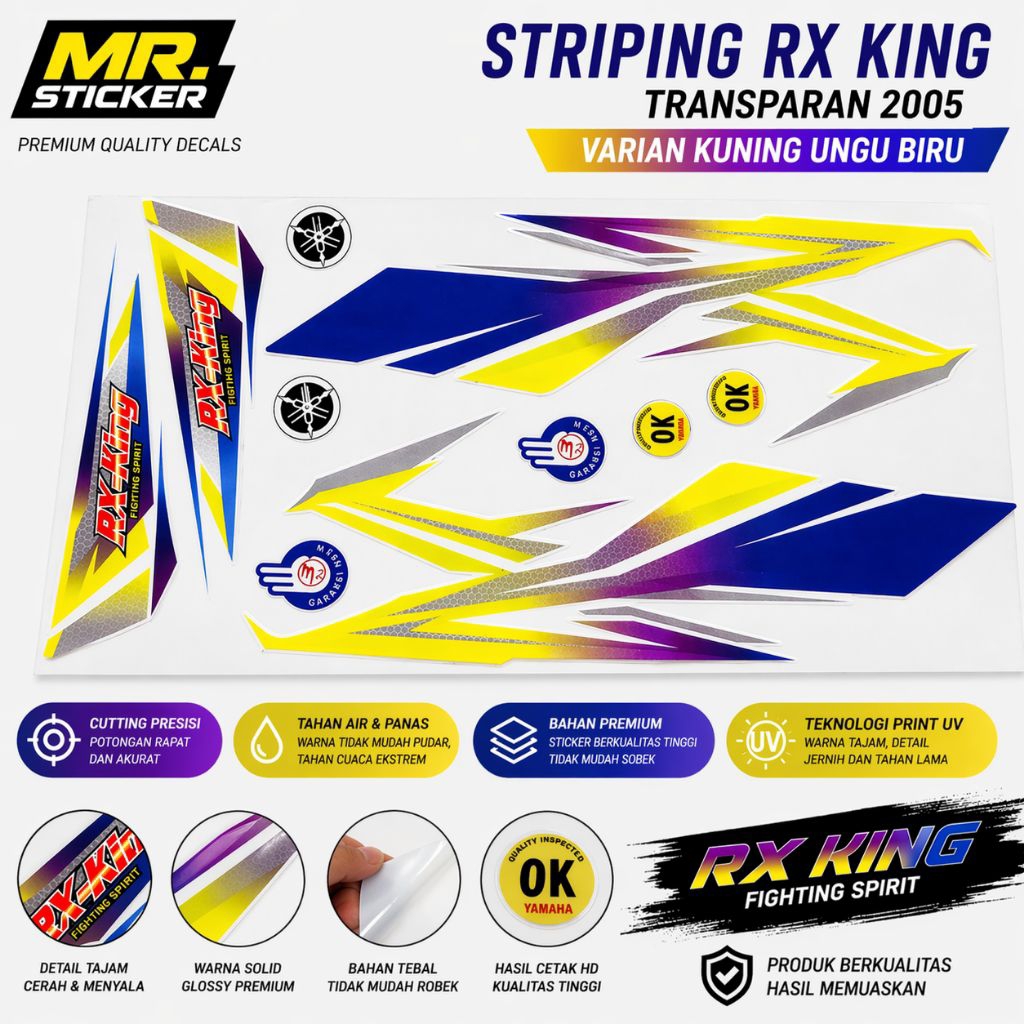 striping rx king 2005 variasi kuning ungu biru transparan, stiker lis body rx king print uv transpar