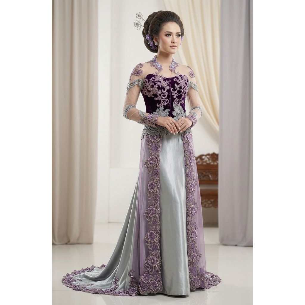 Eksklusif & Fleksibel – Kebaya Pengantin Silver-Purple Modern  kebaya bludru/ kebaya pengantin bahan