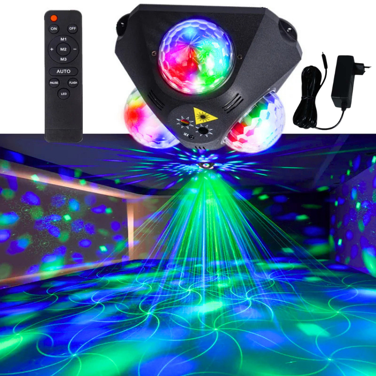 KING Lampu Disco 3 bola laser sensor suara musik sorot Panggung acara Sound Control 9W RGB Control