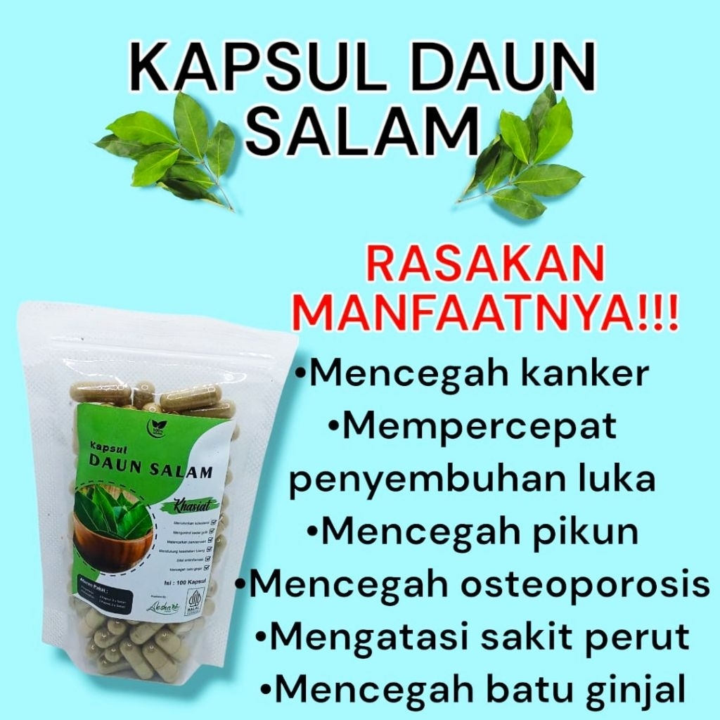kapsul daun salam murni isi 100,menurunkan kadar gula darah, kolesterol jahat (LDL), asam urat, sert