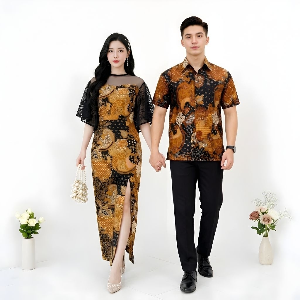 Setelan Couple Batik Modern Pria Wanita Dress Brokat Batik Baju Pasangan Kondangan Elegan Pricyza Kr