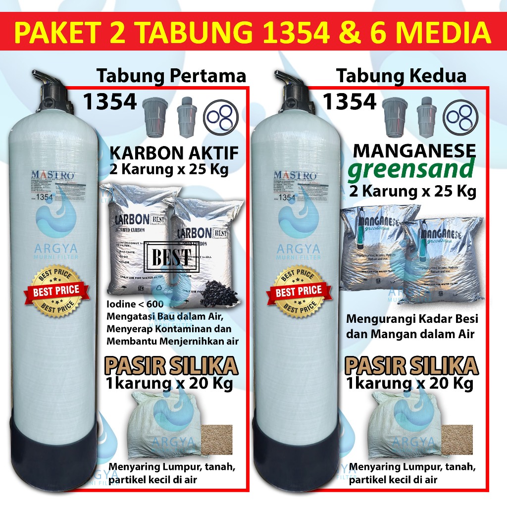 Paket 2 Tabung Media Filter FRP 1354 + 2 Head 3 Way Valve + 2 Pasir Silika @20 Kg + 2 Activatd Carbo
