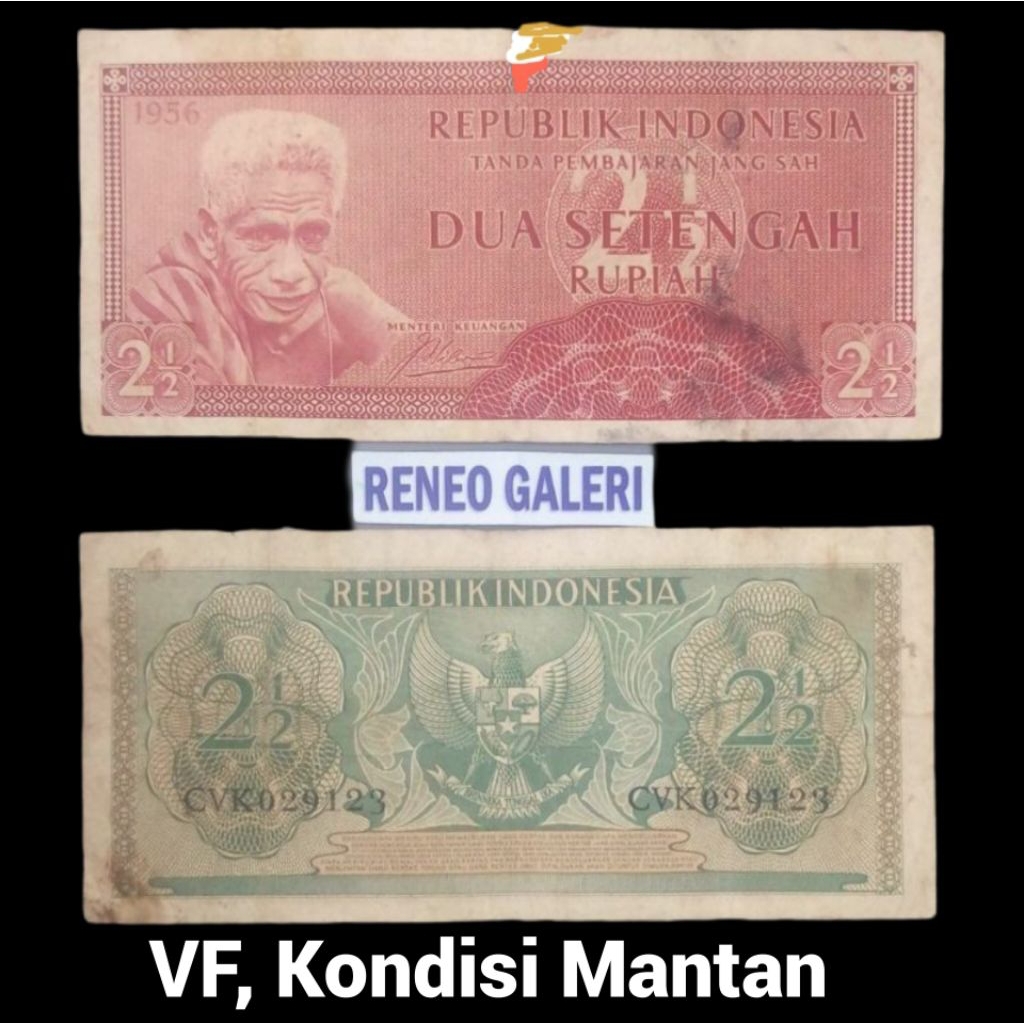 VF 2½ Rupiah Seri Suku bangsa tahun 1956 1954 Rp 2,5 Uang kertas kuno Indonesia 2 1/2 setengah duit 