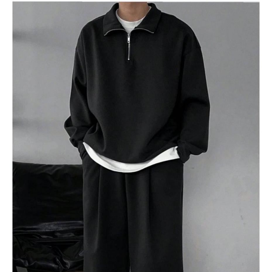 sweater rugby pria wanita katun fleece motif resleting depan // half zip polos hitam pria fahionable