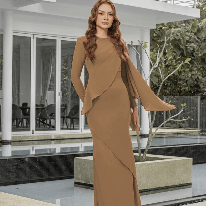 Queenshopp Lily Dress Wanita Malay Ceruty Babydoll Jumbo Baju Gaun Pesta Kondangan Slim Fit Dress