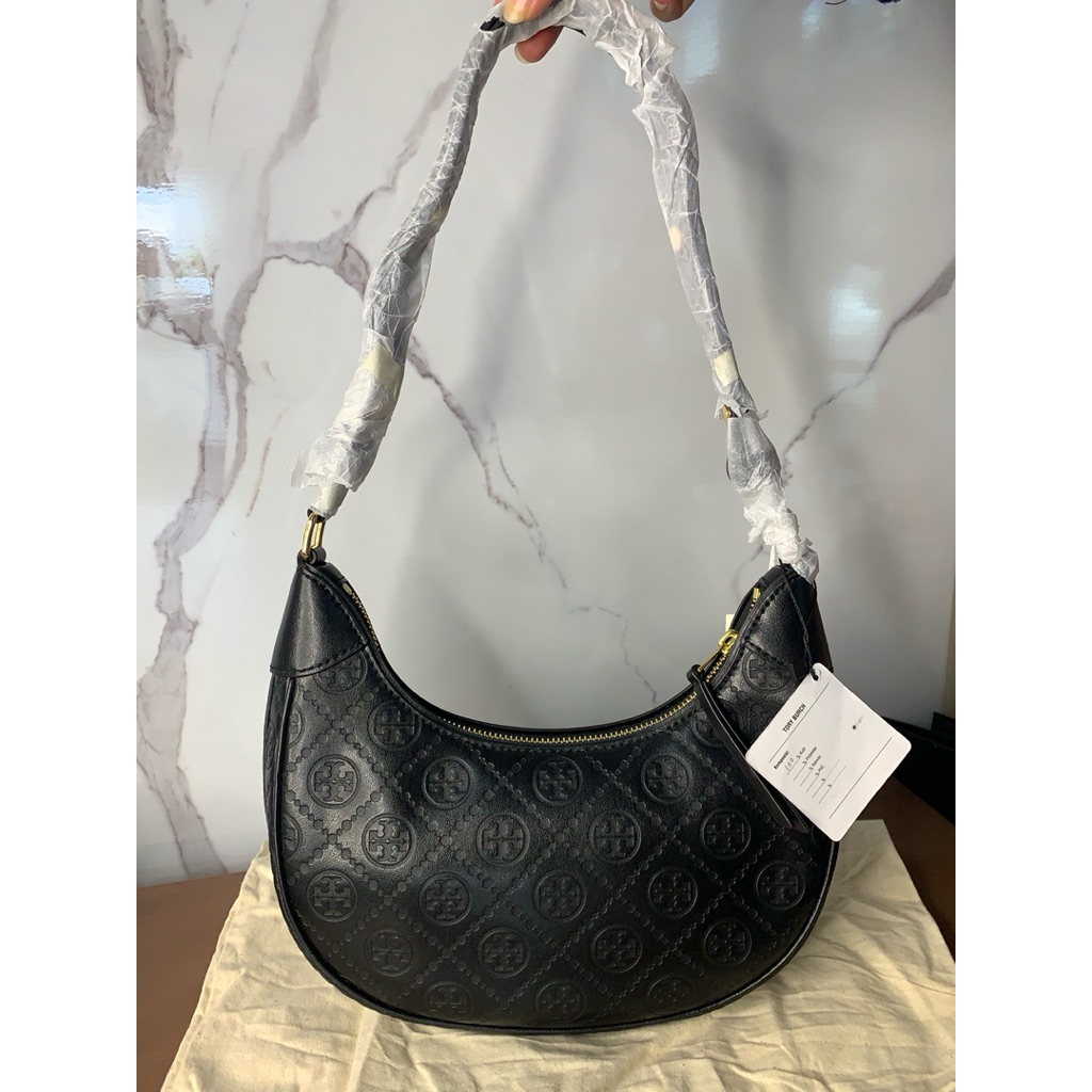 TB T Monogram Debossed Leather Crescent Bag Black