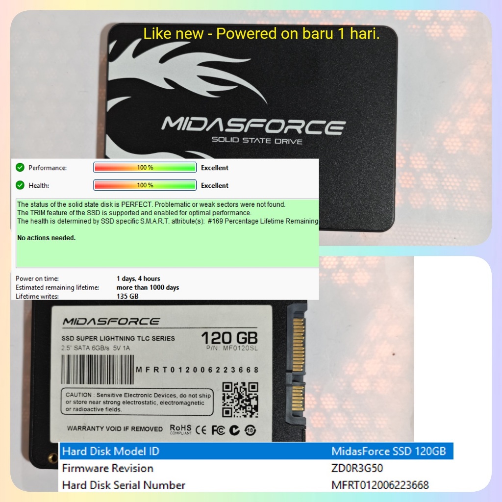 SSD LIKENEW MidasForce 120 GB Sentinel 100% 120GB Midas Second Bekas SATA Murah 500 SSD Bekas Second
