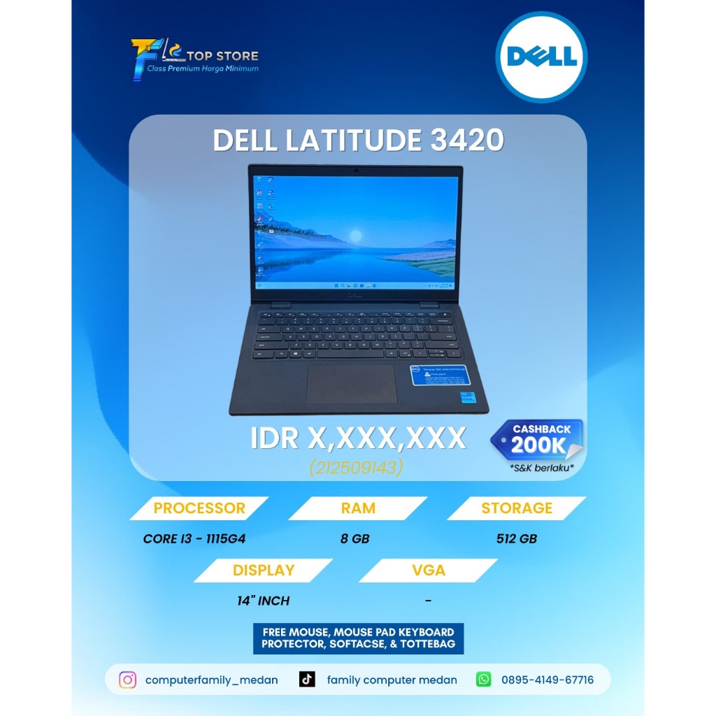 LAPTOP DELL LATITUDE 3420 CORE I3-1115G4 RAM 8GB SSD 512GB-LIKE NEW-NO MINUS-SIAP PAKAI